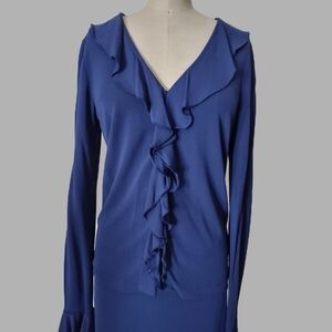 Lauren Ralph Lauren Navy Blue Long-sleeve Ruffled Blouse and Maxi Skirt Set.